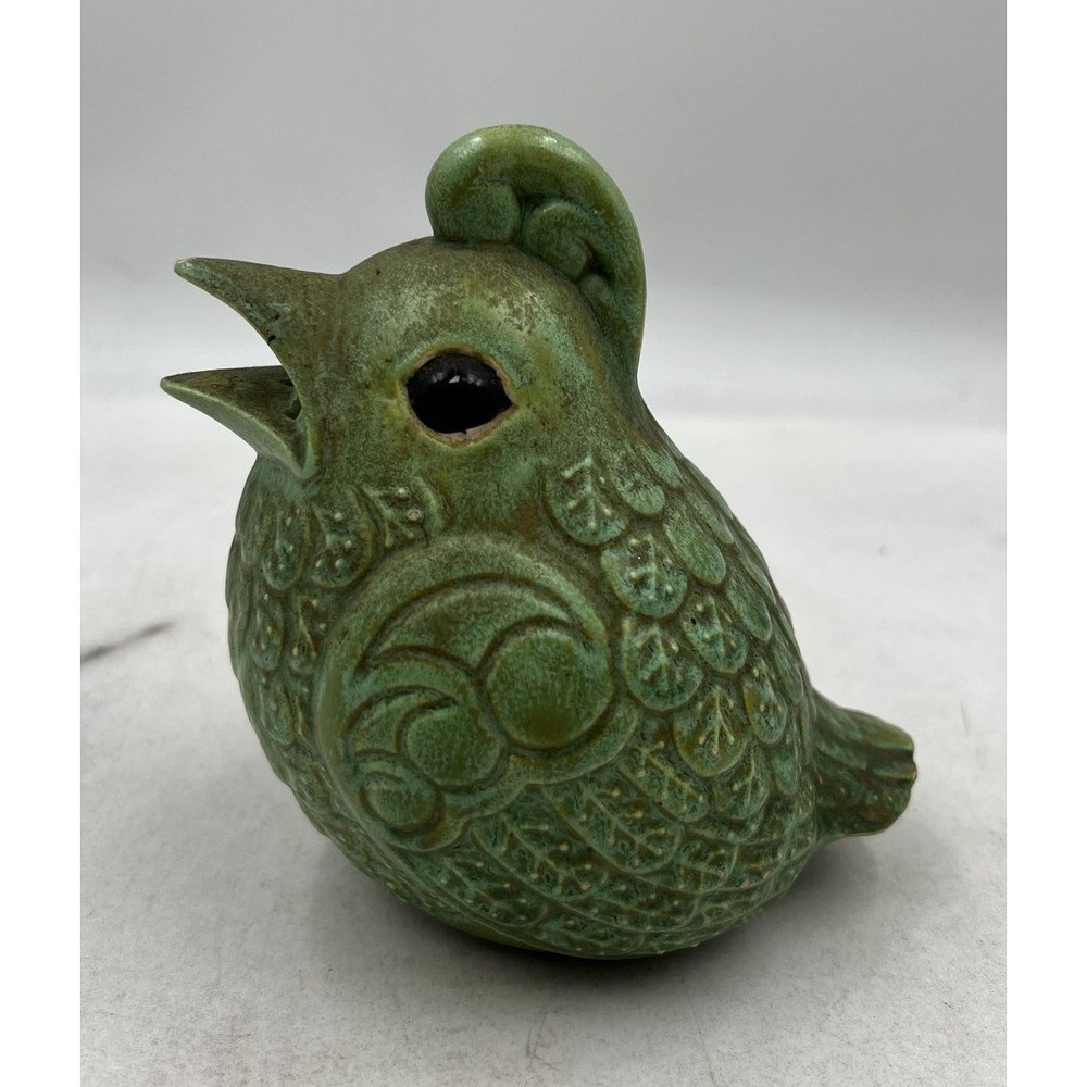 Vintage Ceramic Bird Shaker Green Glazed Pottery Singing Bird Figurine Decor MCM